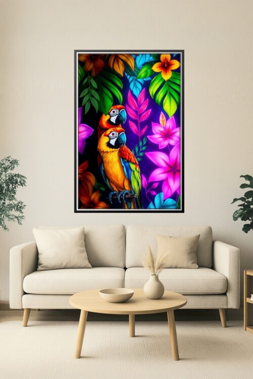 Tropical Pair – Vibrant Parrots and Jungle Flowers Poster picture