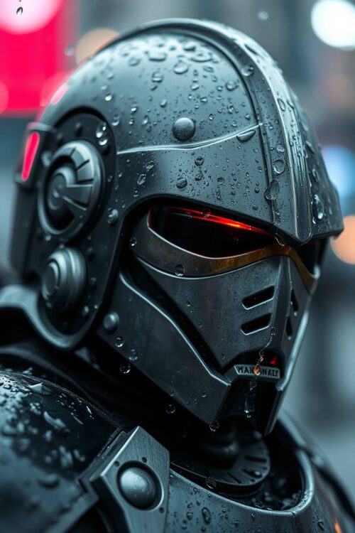 Cyber Sentinel Poster – Rain-Soaked Retro Space Knight Wall Art for Sci-Fi & Cyberpunk Fans picture