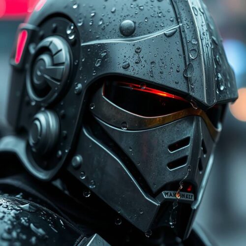 Cyber Sentinel Poster – Rain-Soaked Retro Space Knight Wall Art for Sci-Fi & Cyberpunk Fans picture