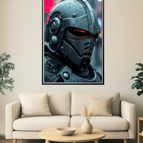 Cyber Sentinel Poster – Rain-Soaked Retro Space Knight Wall Art for Sci-Fi & Cyberpunk Fans picture