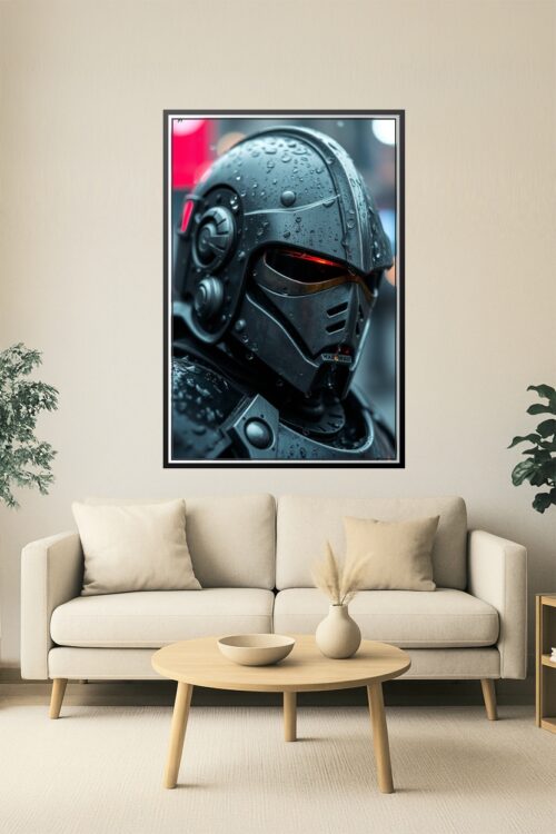 Cyber Sentinel Poster – Rain-Soaked Retro Space Knight Wall Art for Sci-Fi & Cyberpunk Fans picture
