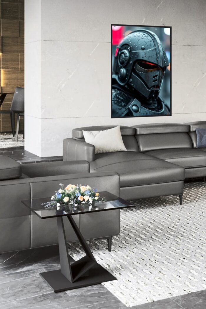 Cyber Sentinel Poster – Rain-Soaked Retro Space Knight Wall Art for Sci-Fi & Cyberpunk Fans picture