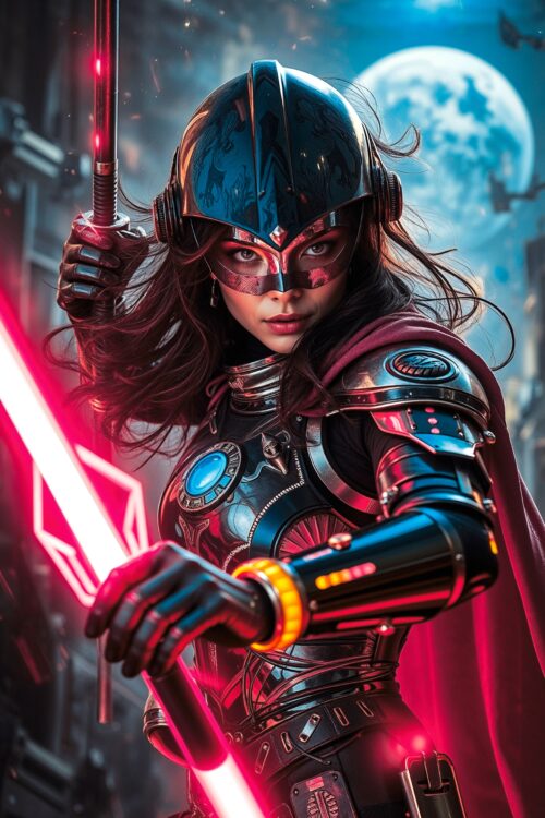Galactic Valkyrie Poster – Futuristic Female Warrior with Energy Blade Wall Art picture