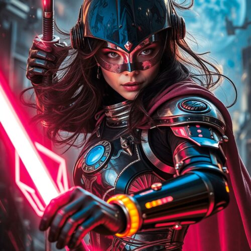 Galactic Valkyrie Poster – Futuristic Female Warrior with Energy Blade Wall Art picture