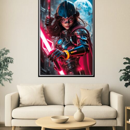Galactic Valkyrie Poster – Futuristic Female Warrior with Energy Blade Wall Art picture