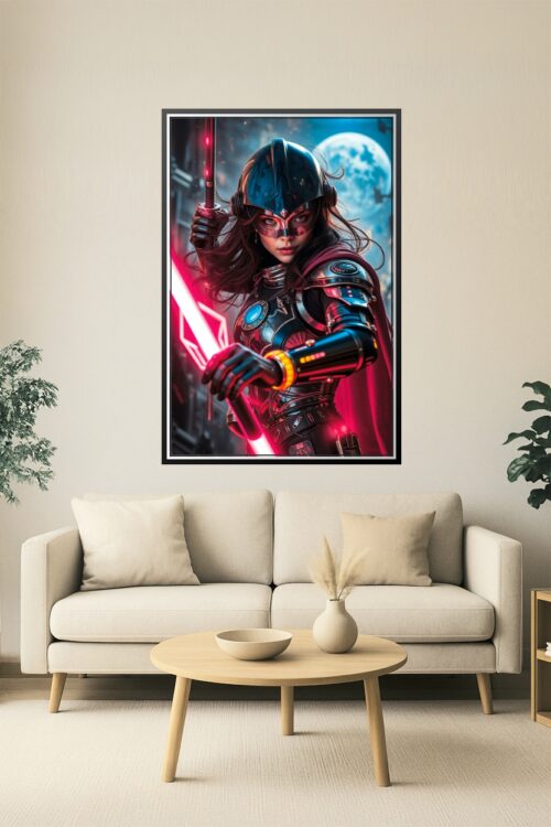 Galactic Valkyrie Poster – Futuristic Female Warrior with Energy Blade Wall Art picture