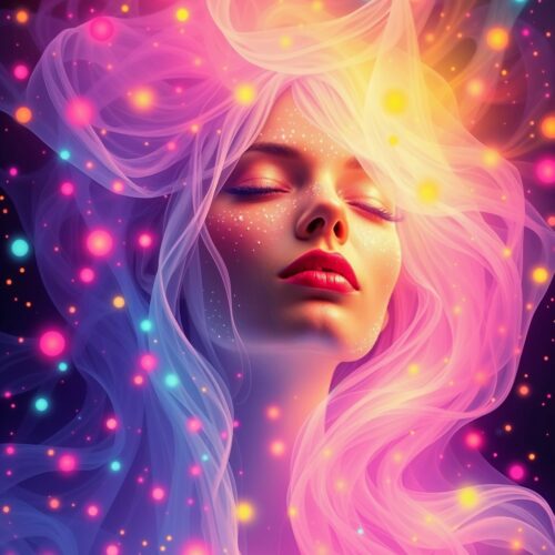 Celestial Dreamscape Poster – Ethereal Woman Surrounded by Glowing Cosmic Lights picture