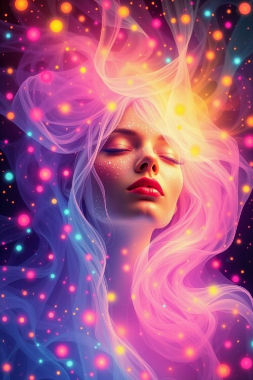 Celestial Dreamscape Poster – Ethereal Woman Surrounded by Glowing Cosmic Lights picture