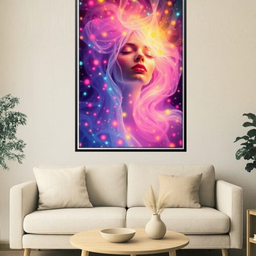 Celestial Dreamscape Poster – Ethereal Woman Surrounded by Glowing Cosmic Lights picture