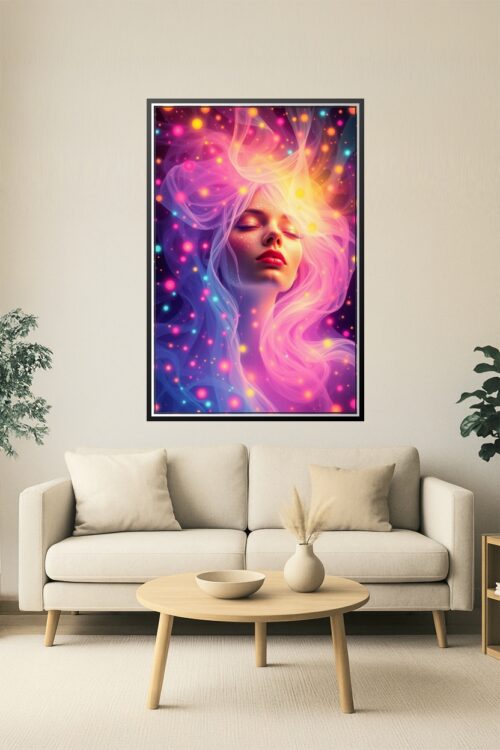 Celestial Dreamscape Poster – Ethereal Woman Surrounded by Glowing Cosmic Lights picture