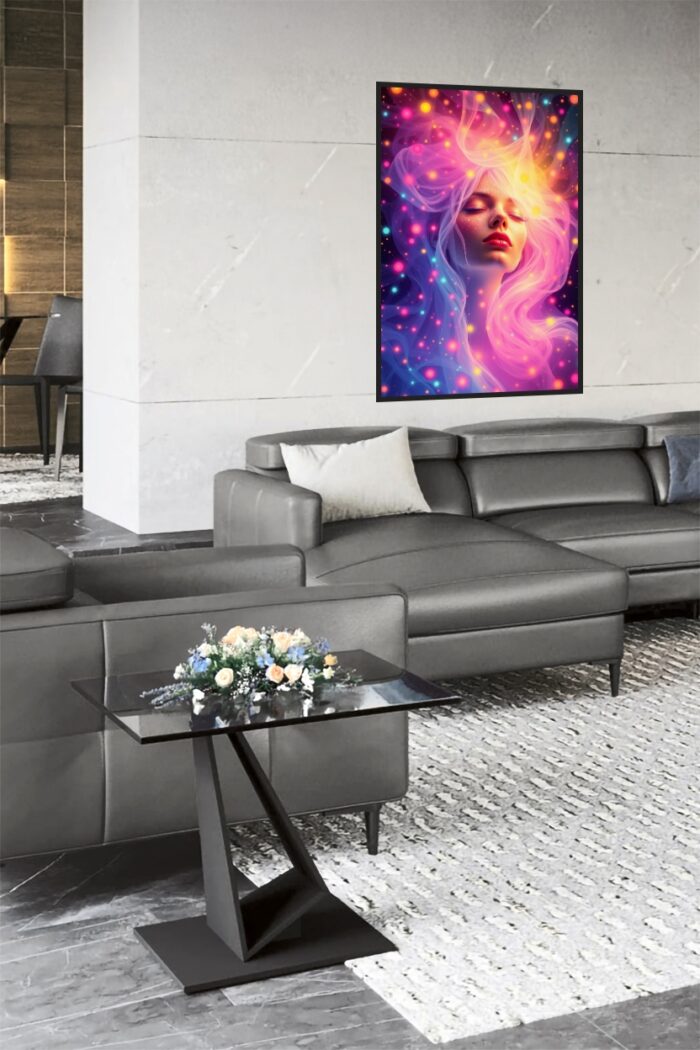 Celestial Dreamscape Poster – Ethereal Woman Surrounded by Glowing Cosmic Lights picture