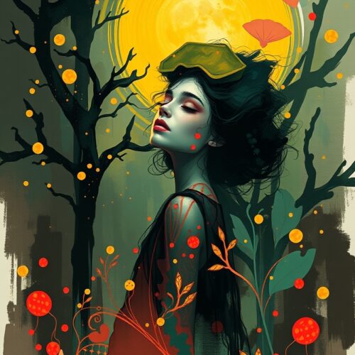 Mystic Bloom – Enchanted Woman in Dreamlike Forest Poster (Yayoi Kusama-Inspired) picture