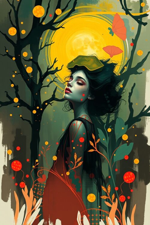 Mystic Bloom – Enchanted Woman in Dreamlike Forest Poster (Yayoi Kusama-Inspired) picture