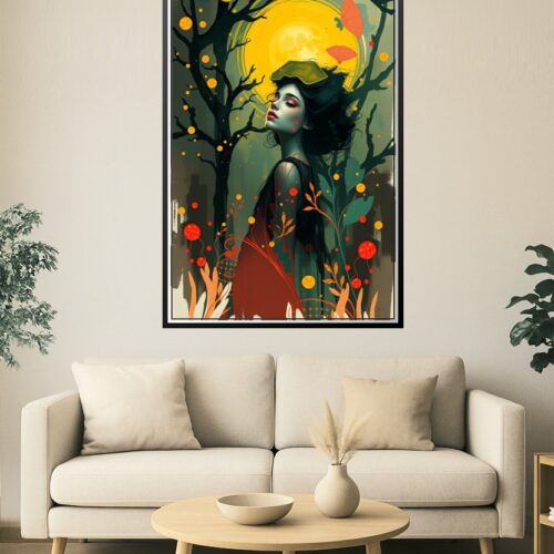 Mystic Bloom – Enchanted Woman in Dreamlike Forest Poster (Yayoi Kusama-Inspired) picture