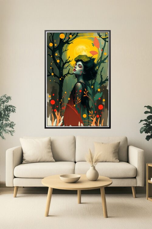 Mystic Bloom – Enchanted Woman in Dreamlike Forest Poster (Yayoi Kusama-Inspired) picture