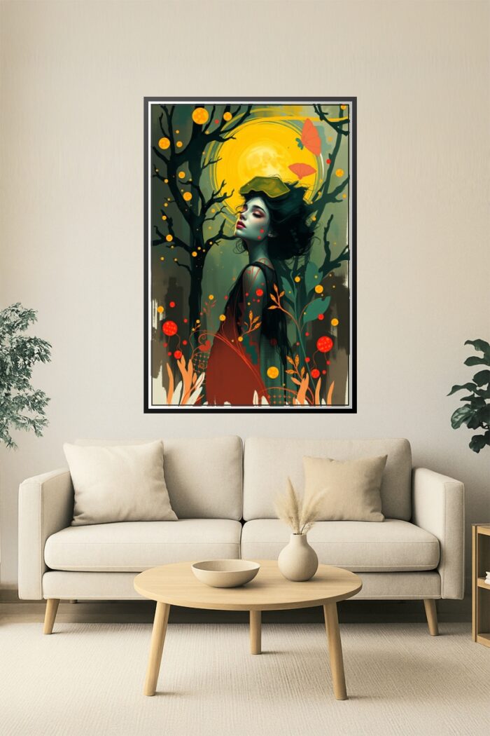 Mystic Bloom – Enchanted Woman in Dreamlike Forest Poster (Yayoi Kusama-Inspired) picture