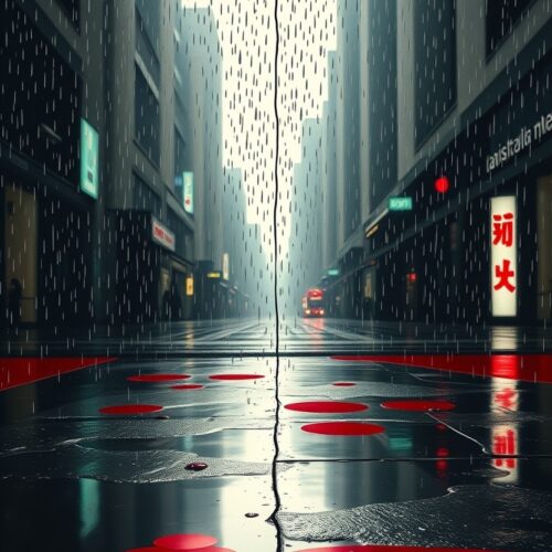 Neon Rain – Cyberpunk City Street Poster with Red Puddle Reflections picture