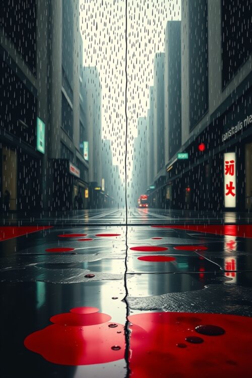 Neon Rain – Cyberpunk City Street Poster with Red Puddle Reflections picture