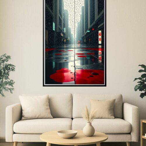Neon Rain – Cyberpunk City Street Poster with Red Puddle Reflections picture