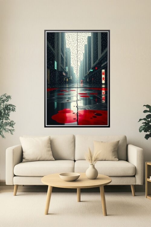 Neon Rain – Cyberpunk City Street Poster with Red Puddle Reflections picture