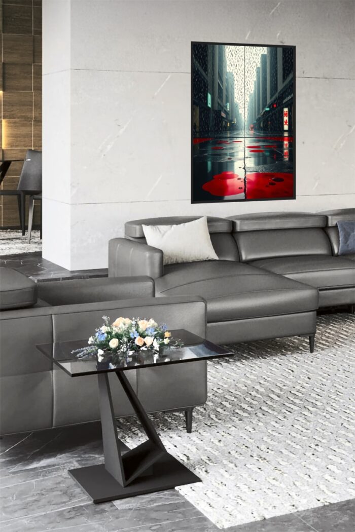 Neon Rain – Cyberpunk City Street Poster with Red Puddle Reflections picture
