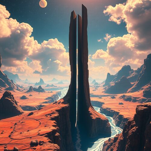 Celestial Divide – Surreal Sci-Fi Desert Landscape with Twin Spires and Sun picture