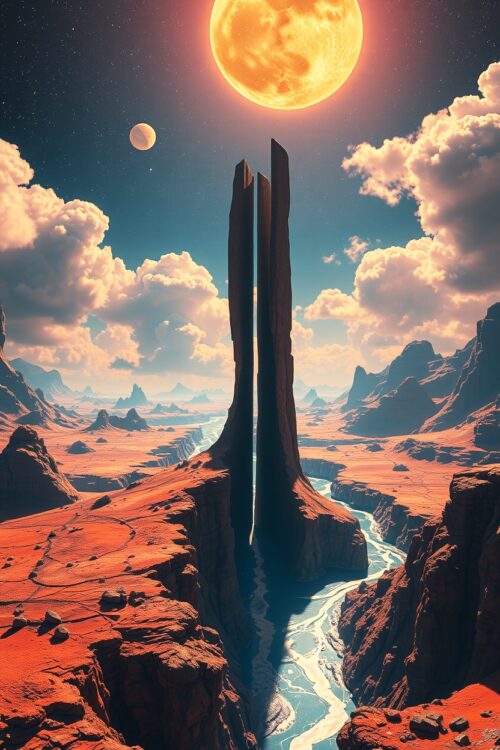 Celestial Divide – Surreal Sci-Fi Desert Landscape with Twin Spires and Sun picture