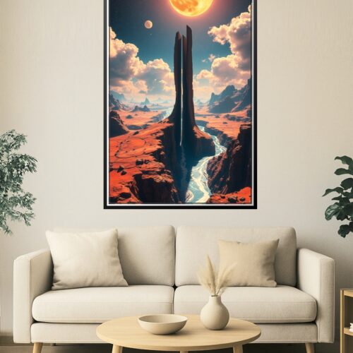 Celestial Divide – Surreal Sci-Fi Desert Landscape with Twin Spires and Sun picture