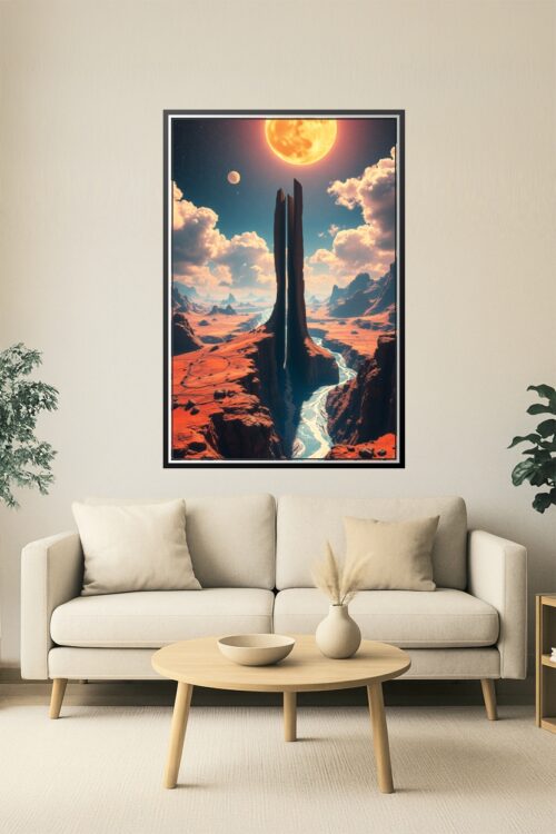 Celestial Divide – Surreal Sci-Fi Desert Landscape with Twin Spires and Sun picture