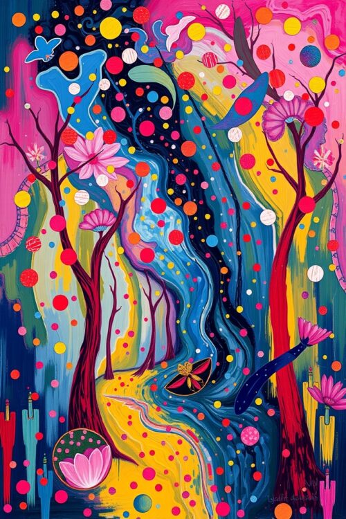 Polka Dot Paradise – Colorful Fantasy Landscape Poster Inspired by Yayoi Kusama picture