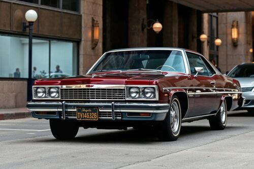 Classic Chevy Impala Poster – Vintage Street Elegance in Burgundy picture
