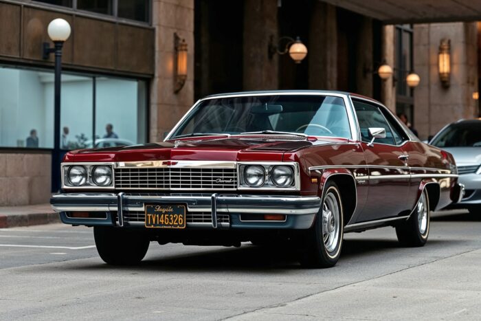 Classic Chevy Impala Poster – Vintage Street Elegance in Burgundy picture