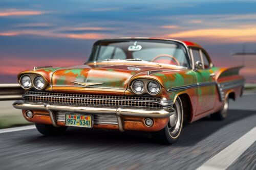Rustic Rebel Poster – Patina Classic American Car on the Open Road picture