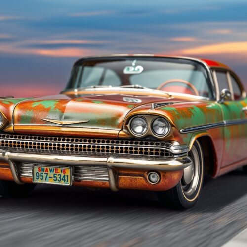 Rustic Rebel Poster – Patina Classic American Car on the Open Road picture