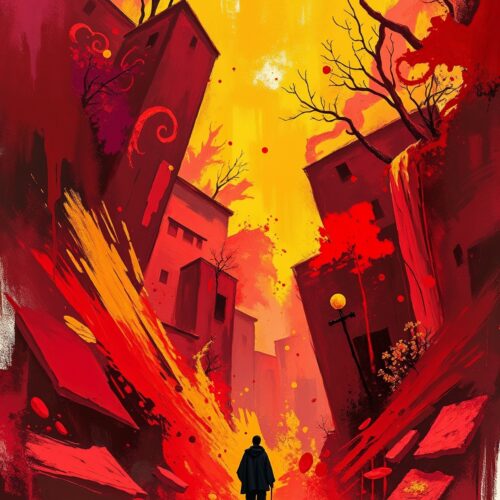Lone Wanderer in Flame-Torn City – Surreal Apocalyptic Art Poster picture