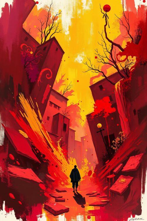 Lone Wanderer in Flame-Torn City – Surreal Apocalyptic Art Poster picture