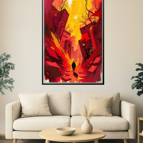 Lone Wanderer in Flame-Torn City – Surreal Apocalyptic Art Poster picture