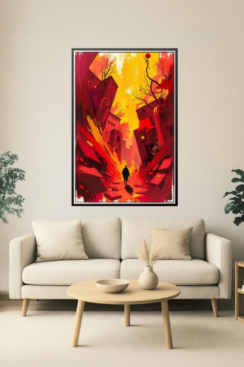 Lone Wanderer in Flame-Torn City – Surreal Apocalyptic Art Poster picture