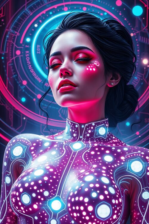 Sensual Cyber Siren Poster – Futuristic Neon Body Circuitry Art picture