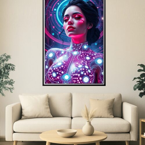 Sensual Cyber Siren Poster – Futuristic Neon Body Circuitry Art picture