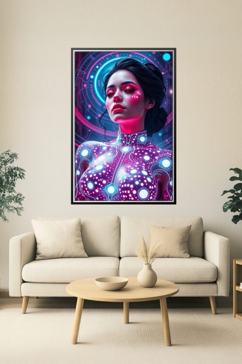 Sensual Cyber Siren Poster – Futuristic Neon Body Circuitry Art picture