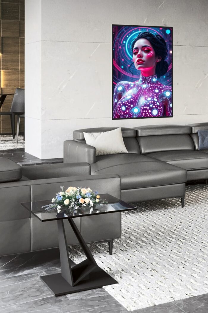 Sensual Cyber Siren Poster – Futuristic Neon Body Circuitry Art picture