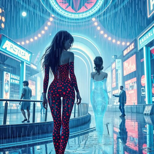 Neon Rainwalk Poster – Cyberpunk Femme & Hologram in Futuristic City picture