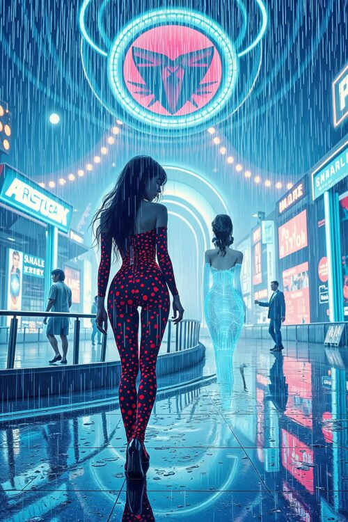 Neon Rainwalk Poster – Cyberpunk Femme & Hologram in Futuristic City picture