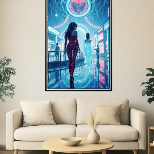 Neon Rainwalk Poster – Cyberpunk Femme & Hologram in Futuristic City picture