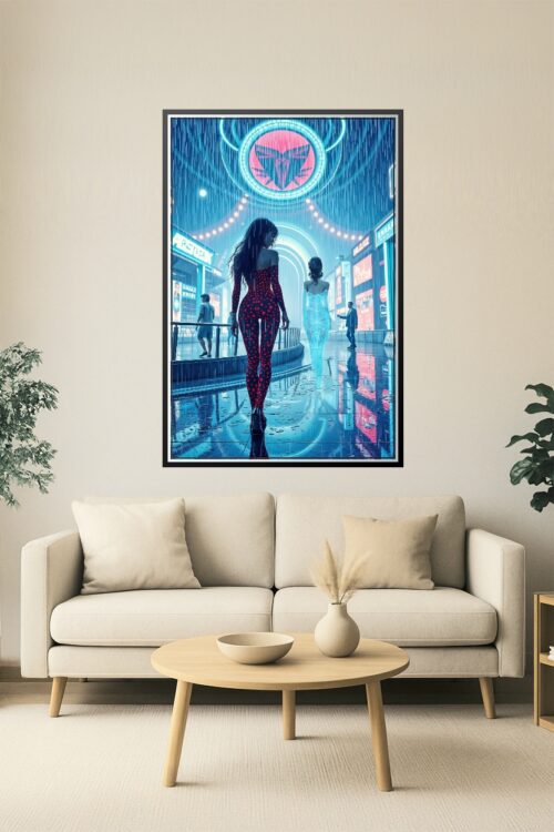 Neon Rainwalk Poster – Cyberpunk Femme & Hologram in Futuristic City picture