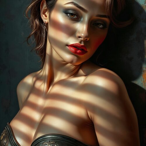 Shadow Temptress Poster – Sensual Light & Bronze Corset Art picture