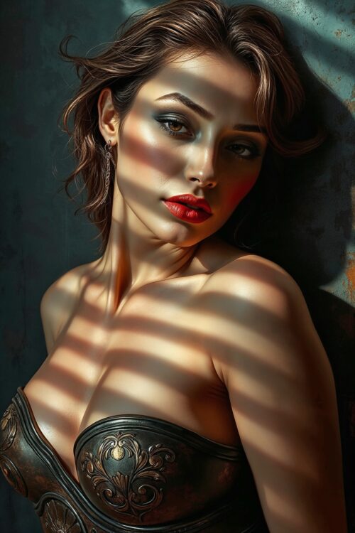 Shadow Temptress Poster – Sensual Light & Bronze Corset Art picture
