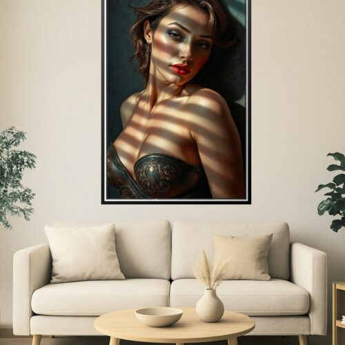 Shadow Temptress Poster – Sensual Light & Bronze Corset Art picture