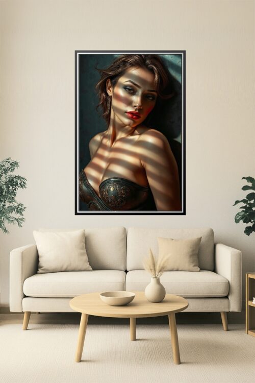 Shadow Temptress Poster – Sensual Light & Bronze Corset Art picture